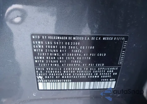 2019 Volkswagen Tiguan 2.0T Se/2.0T Sel/2.0T Sel R-Line/2.0T Sel R-Line Black из США, поврежденный, VIN 3VV2B7AX5KM076600